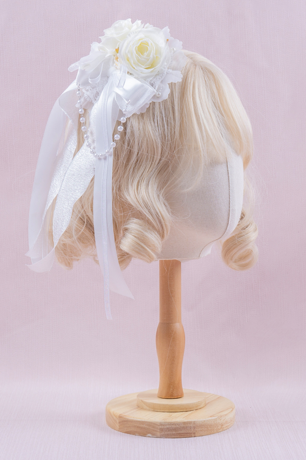 ホワイトレースブライダルスタイルボンネット+ヘアバンド+クリップ+スリーブ