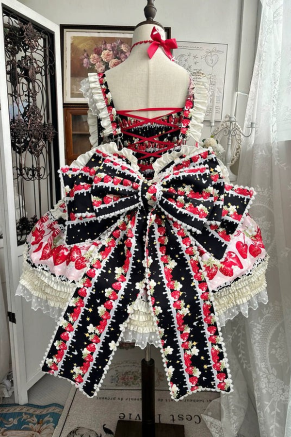 ストロベリーロリータジャンパースカート+ラビットヘアスカーフ+ビッグリボン+トップス+ハット+ボンネット