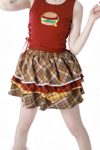 オーバーシャツ＋ノースリーブトップス＋ケーキスカート