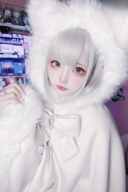 猫耳ドリルバックルウールマント