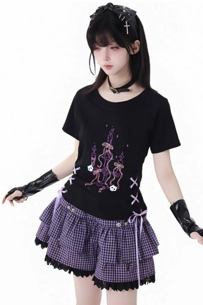 パープルグリッドカラーブロックトップス+フードトップス+パンツ+レッグウォーマー