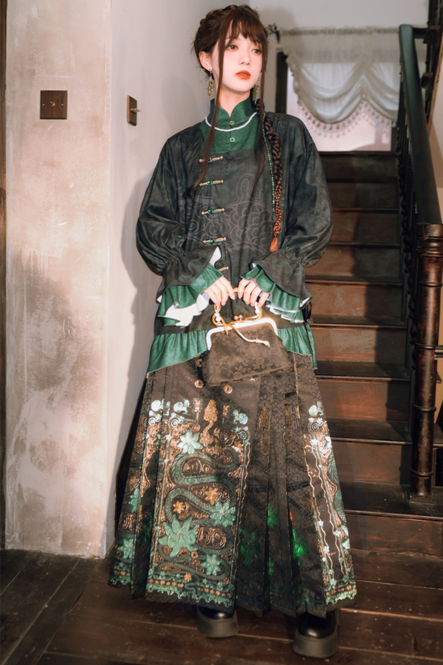 Dark China Flared Sleeve Top