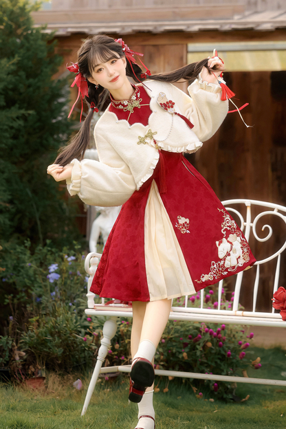 Chinese fur outerwear + retro dress