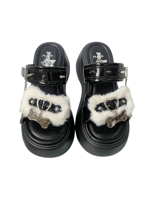 Punk Rivet Fur Chain Platform Flat Sandal