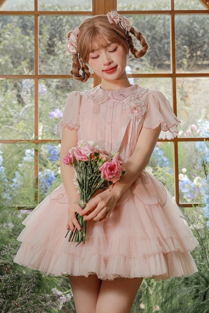 Cherry blossom color sweet princess Lolita dress + doll color top + sheer cardigan + apron