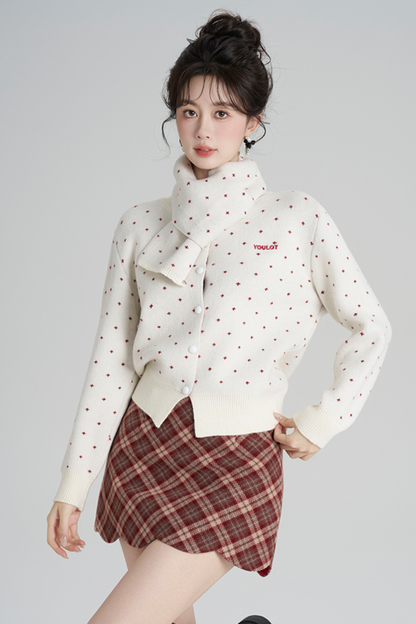 フレンチスタイルドットマフラー付きンカーディガン