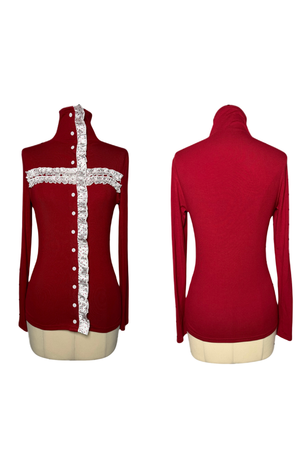 レースクロスタートルネックトップス+レースショートパンツ