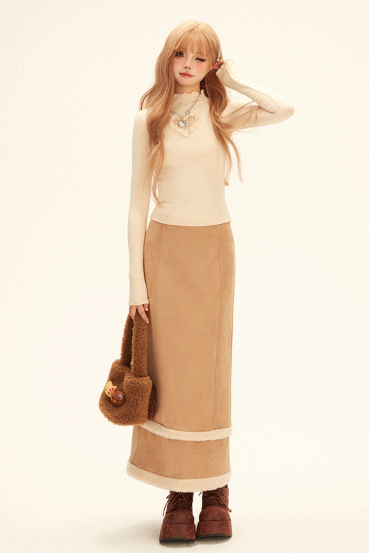 Brown Plash Mailer Slit Skirt