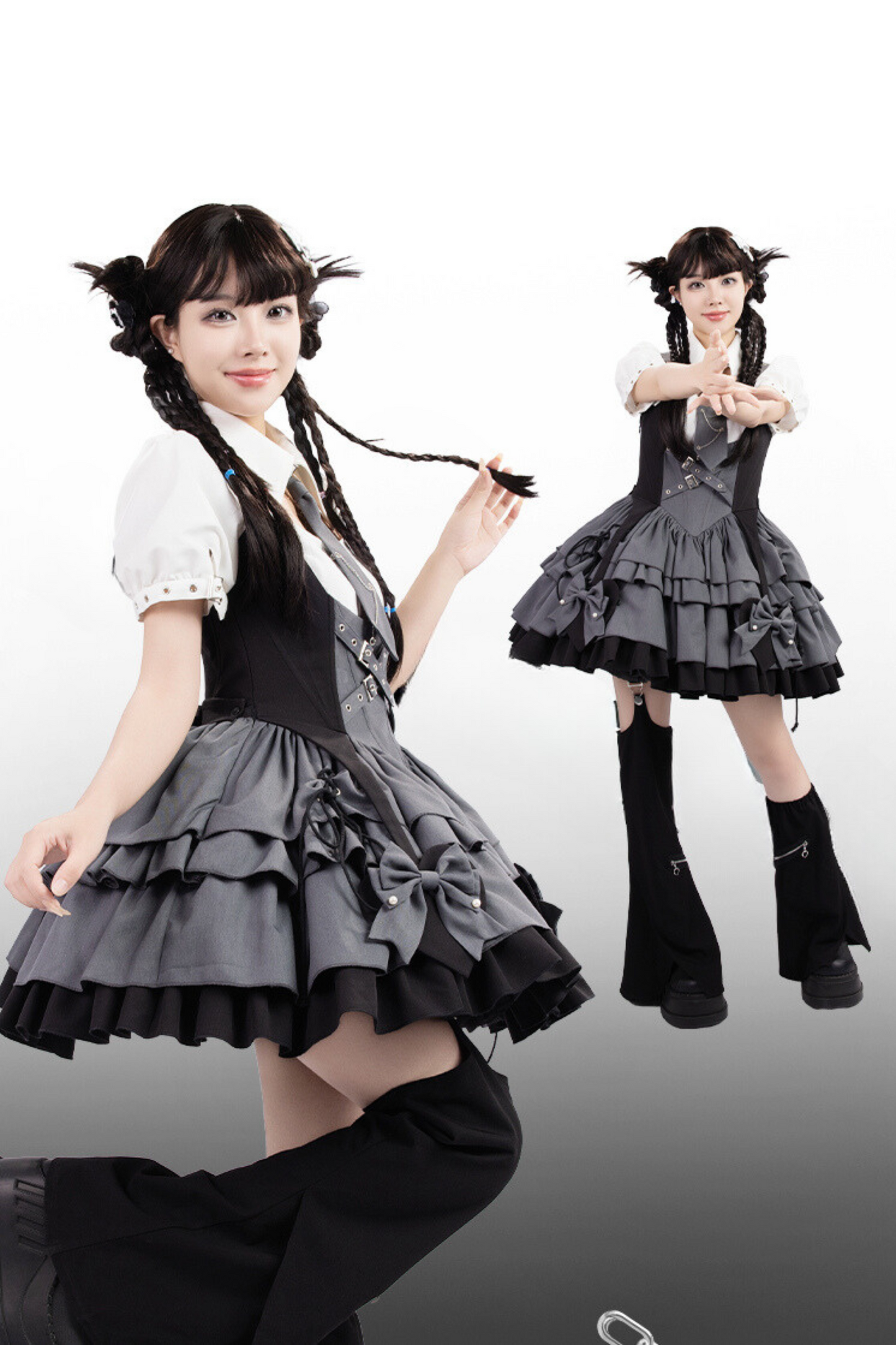 [Reservation product] College style gray black suspender dress