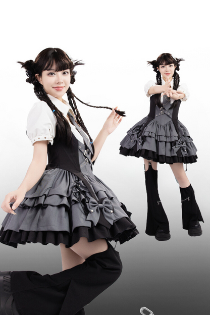 [Reservation product] College style gray black suspender dress