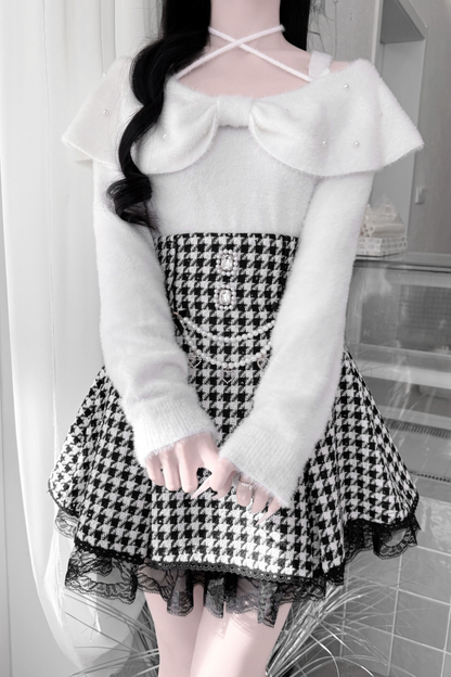 Ribbon mink velvet off-the-shoulder sweater