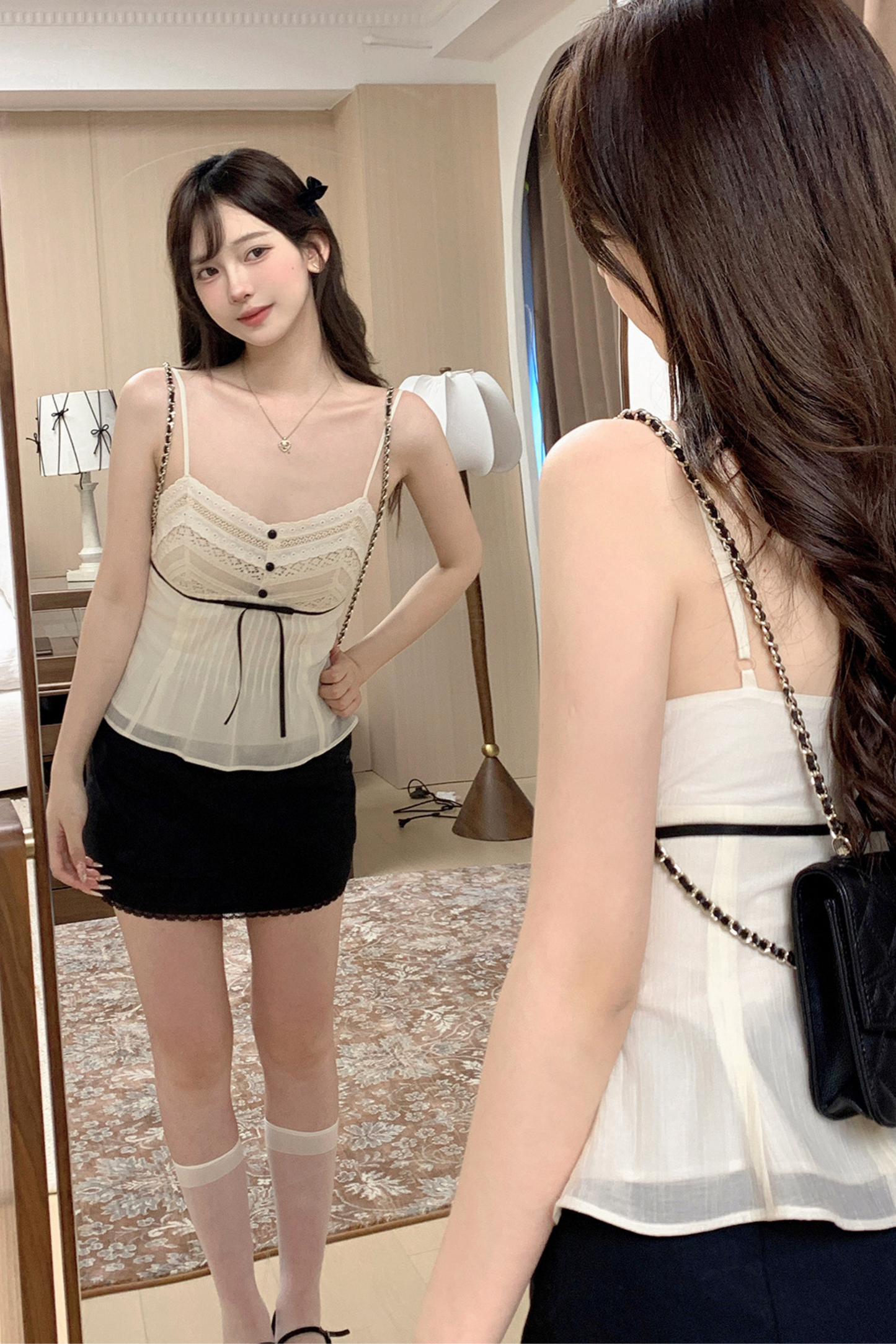 スウィートレースリボンキャミソールトップス＋ショートパンツ