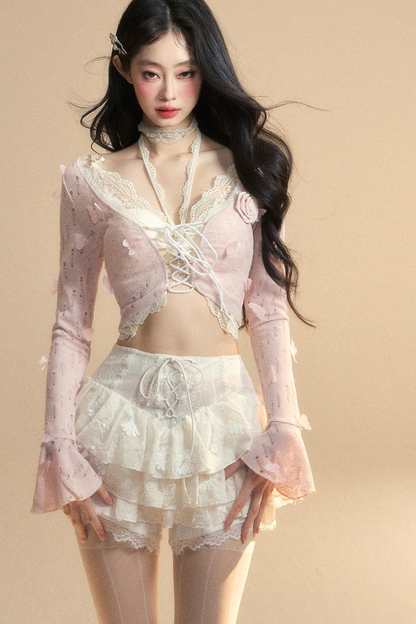スイートハートドールレースカットアウトホルターネックトップス