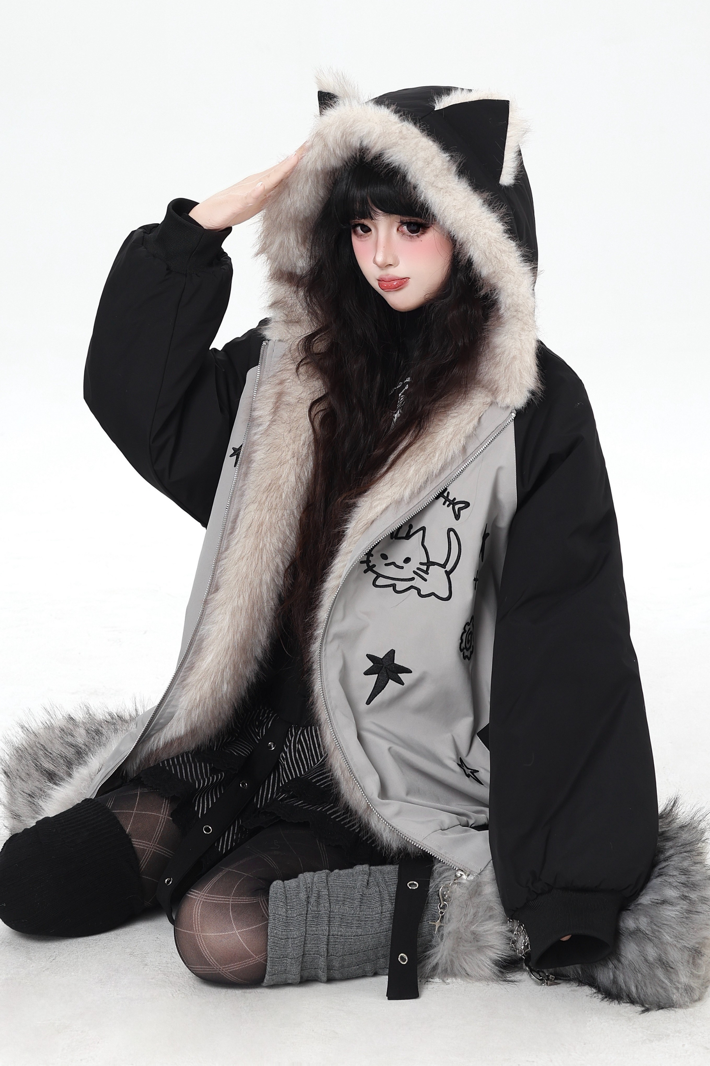Cat Ear Bicolor Fur Jacket