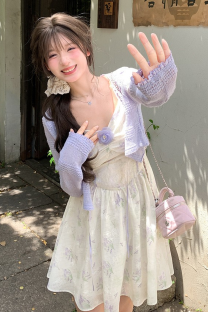 French Flower Off-the-shoulder Dress + Cardigan