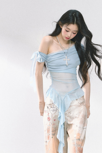 シアーオフショルダートップス