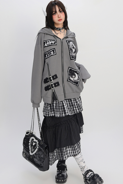 Bee Stitch Print Patchwork Zipper Loose Hoodie