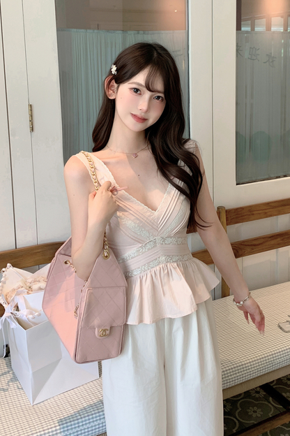 スイートショルダーリボンノースリーブトップス＋レースワイドパンツ