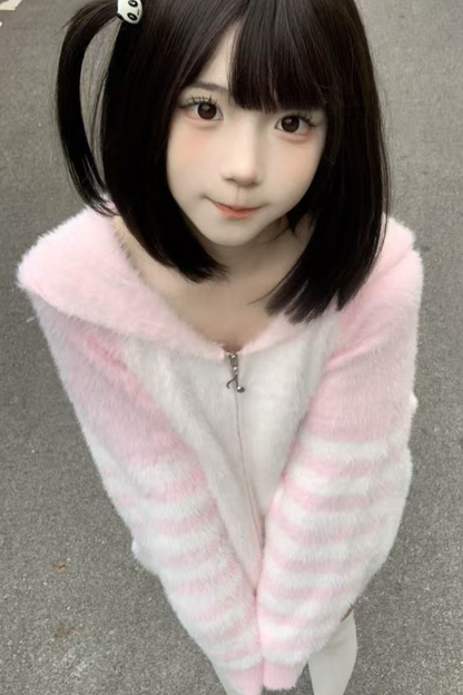 キャットルーズフードジッパーカーディガン