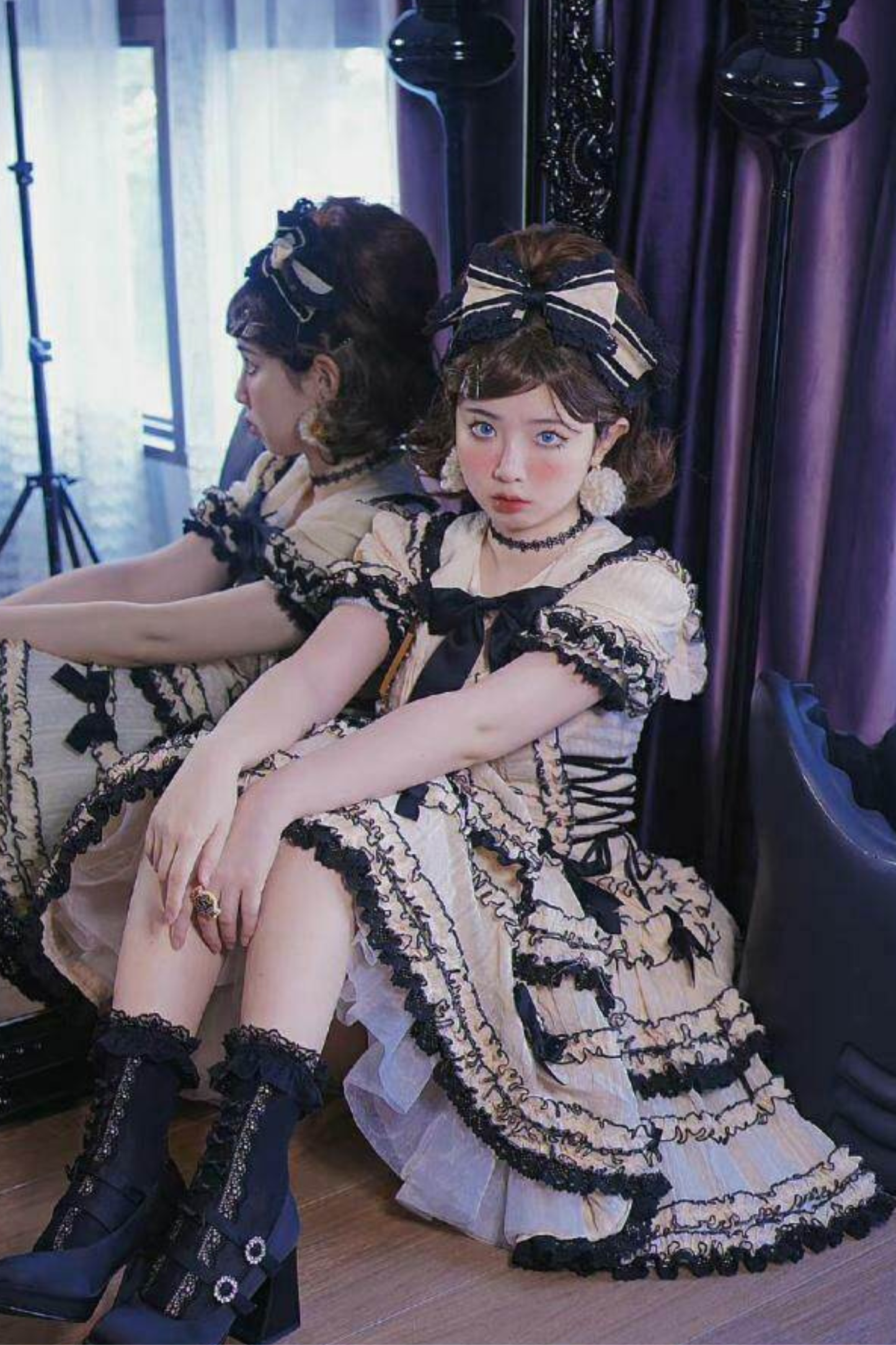 ピュアガールリボンロリータスカート+インナー+ベスト+ヘアバンド+スリーブ