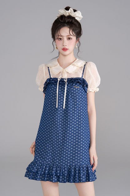 Polka Dot Ruffle Denim Dress + Shirt