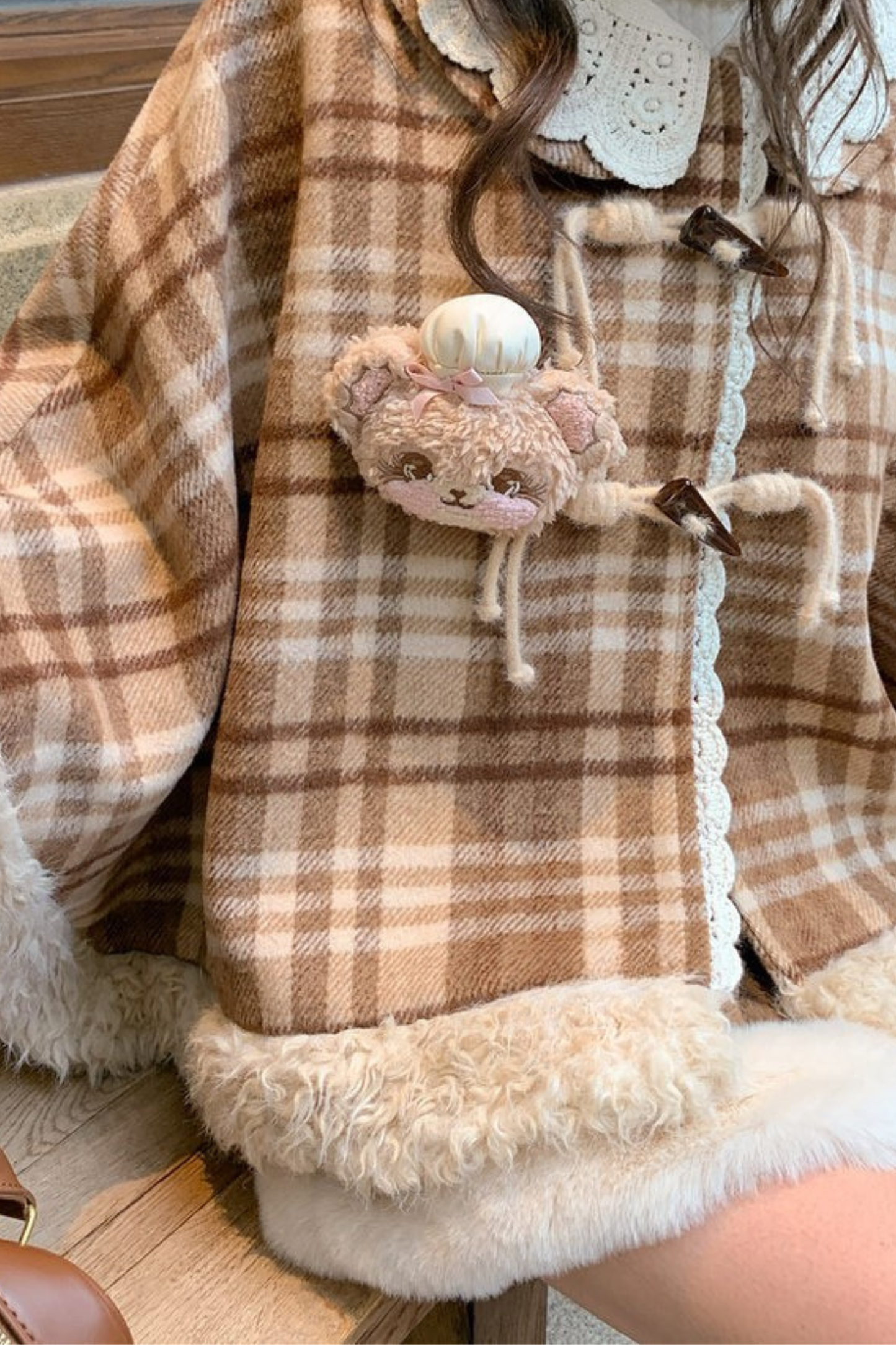 カラーブロックチェックマントコート