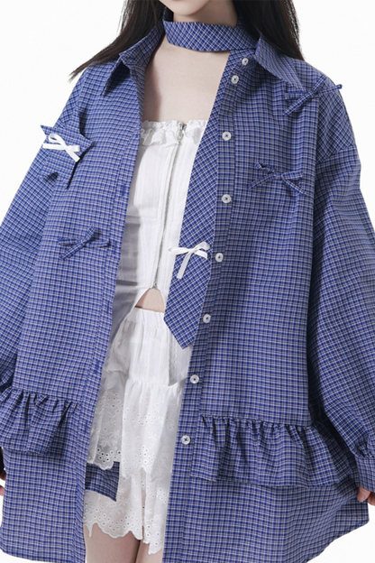 Check Tie Blouse Ursus Camisole + Skirt + Short Top