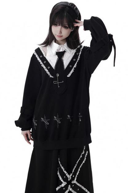 ビッグスイングシャツデザイントップス+フードワンピース+ロングキュロット