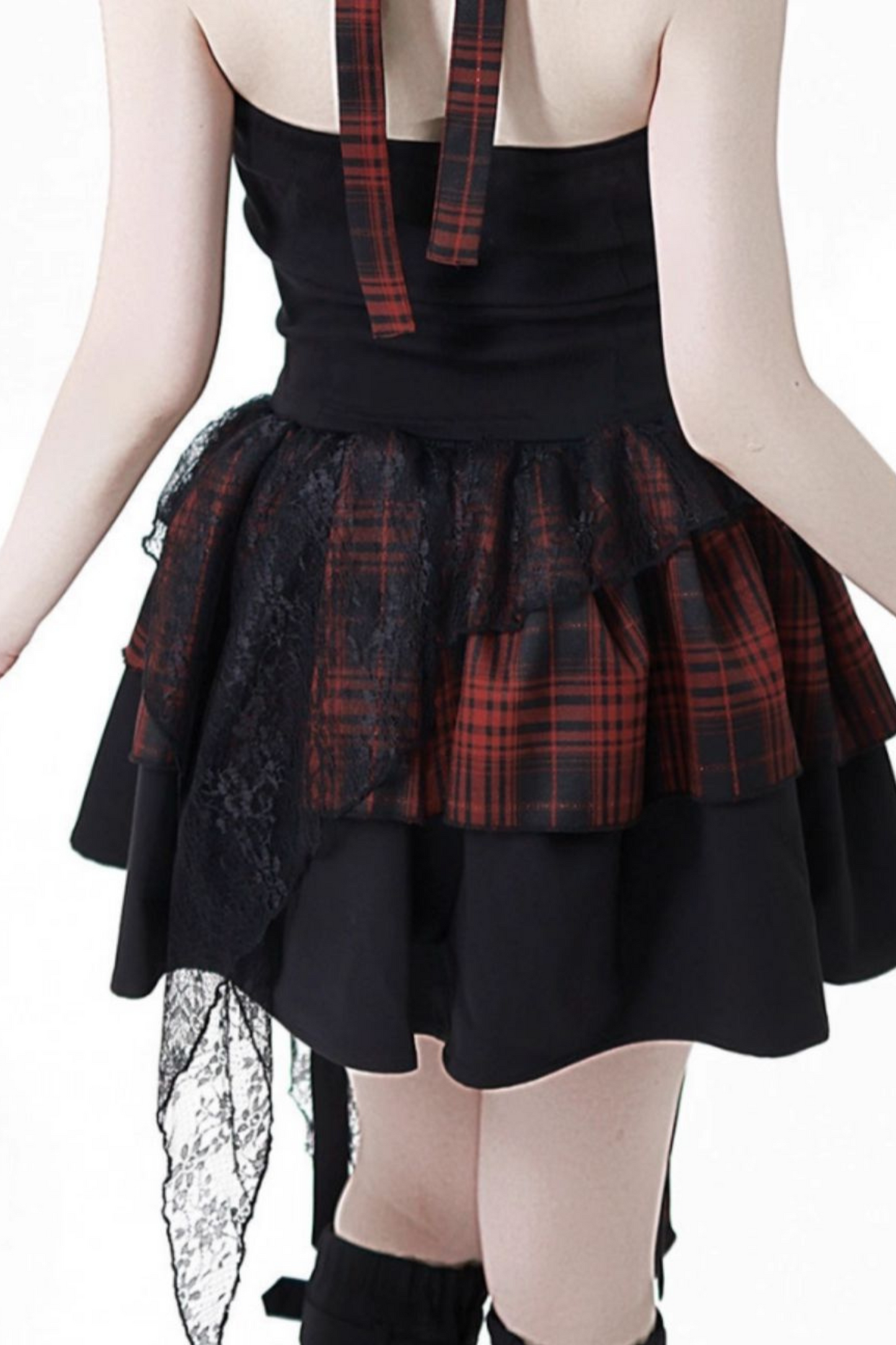 ホルターネックベスト+ルーズトップス+チェックスカート+レッグウォーマー