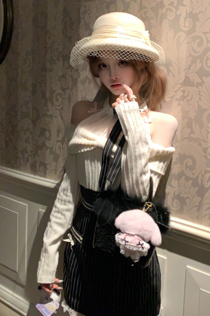 リボンオフショルダーストライプドレス