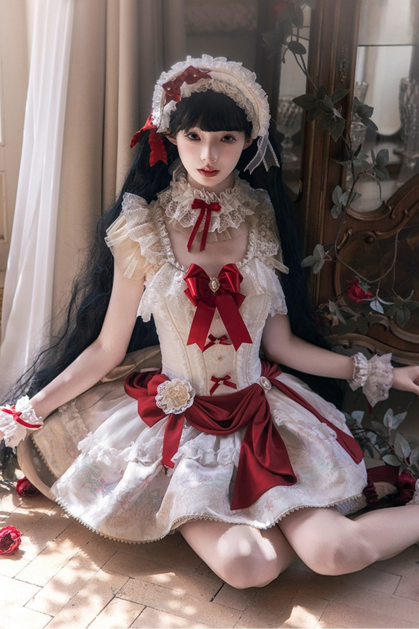 白雪プリンセスロリータドレス+ボンネット+レースチョーカー