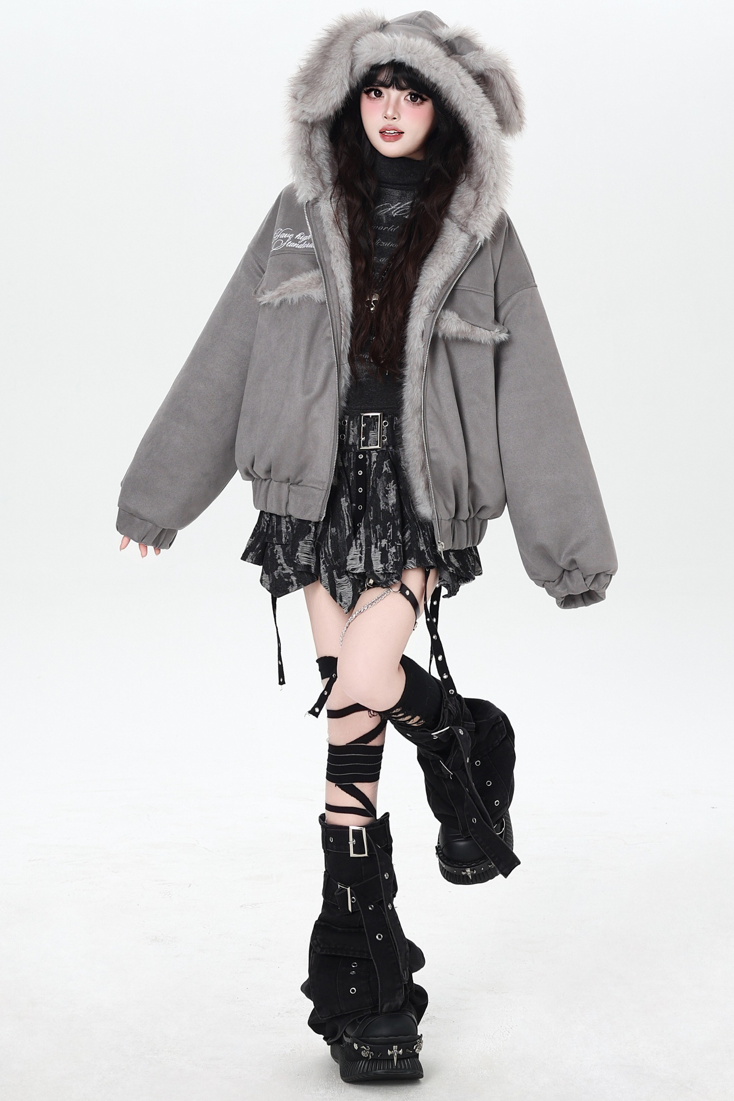 Rabbit Fur Hooded Suede Jacket