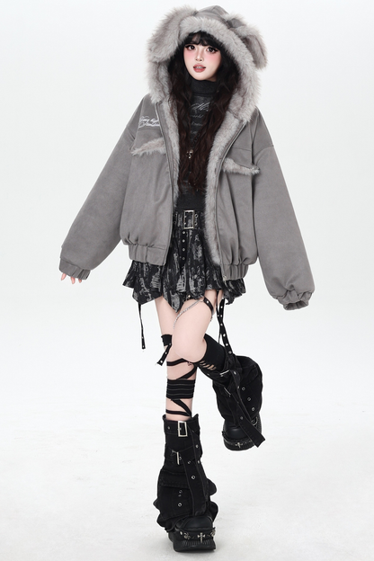 Rabbit Fur Hooded Suede Jacket