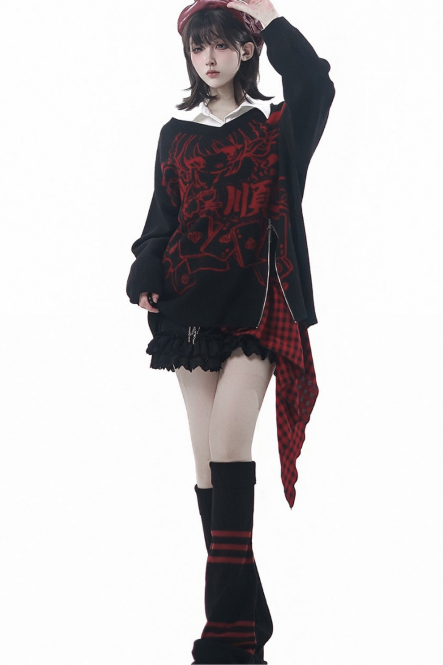 モードVネックニット+キュロット+スカート+レッグカバー+スカーフ