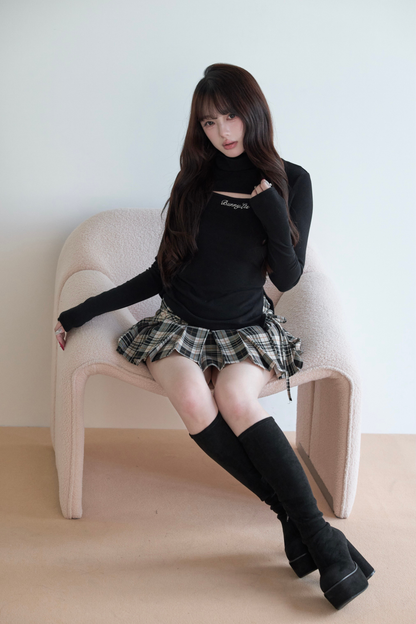 High Neck Knit Top + Check Skirt