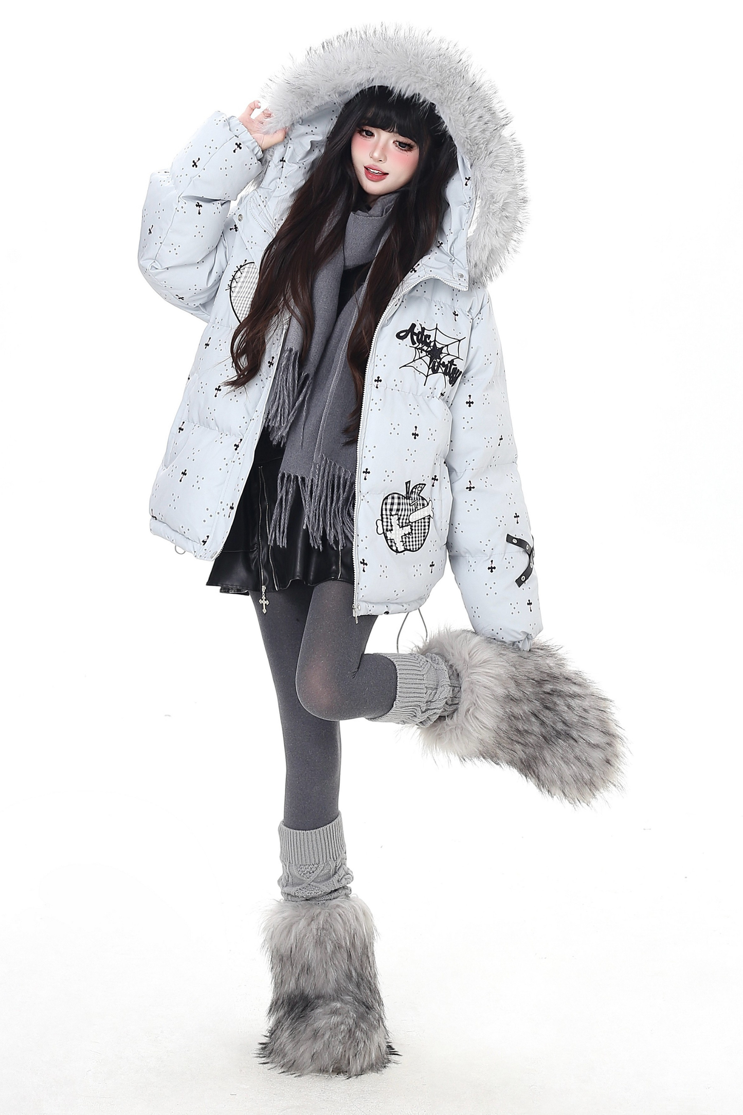 Dark rabbit design fur hooded jacket