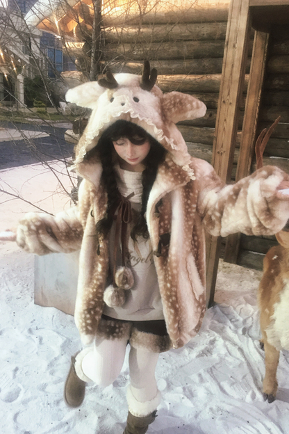 鹿柄フード付きホーンバックルファーコート