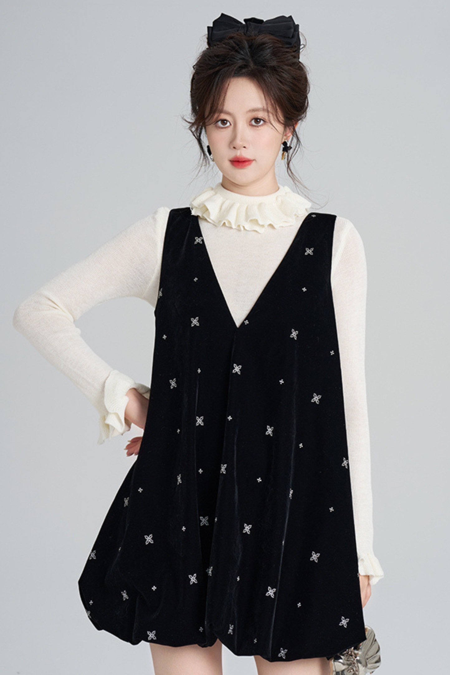 フレンチブラックベルベットリボンバルーンドレス