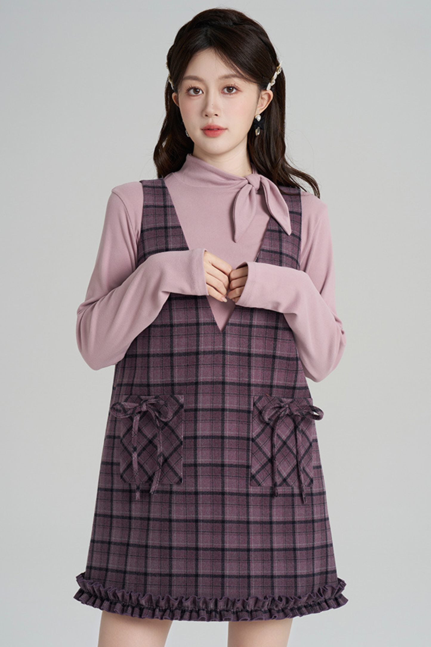 パープルプレイドラッフルドレス+トップス