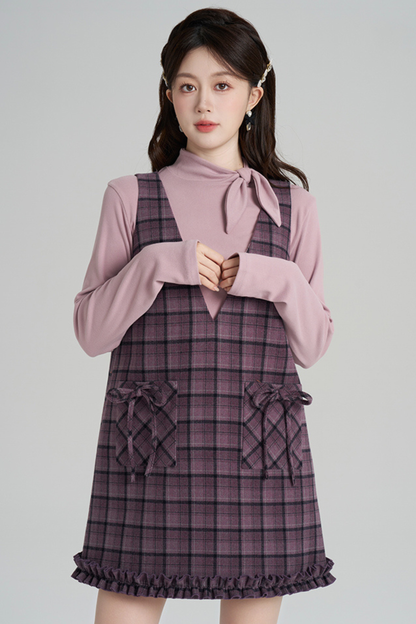 パープルプレイドラッフルドレス+トップス