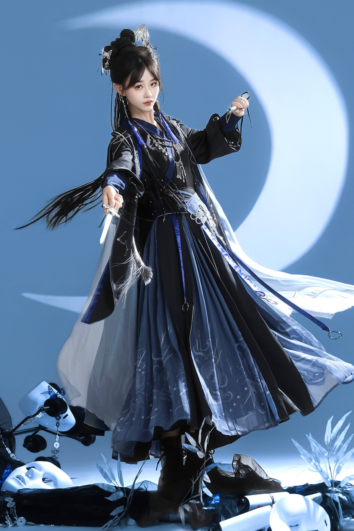 Dark china hooded top + belt + cape + necklace + skirt