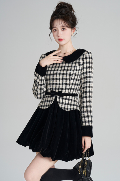 ベルベットモノクロチェックドレス