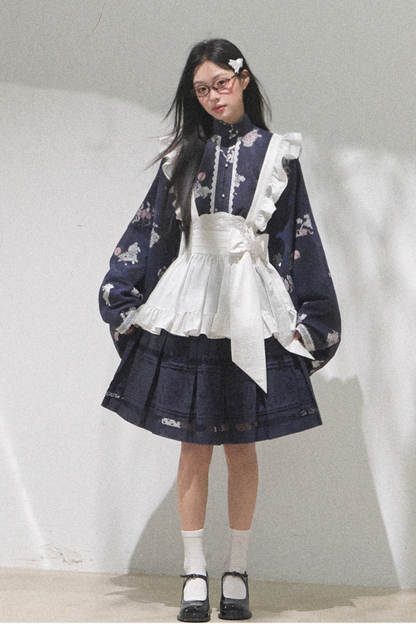 レトロスタンドカラーショートトップス+ミディアムスカート