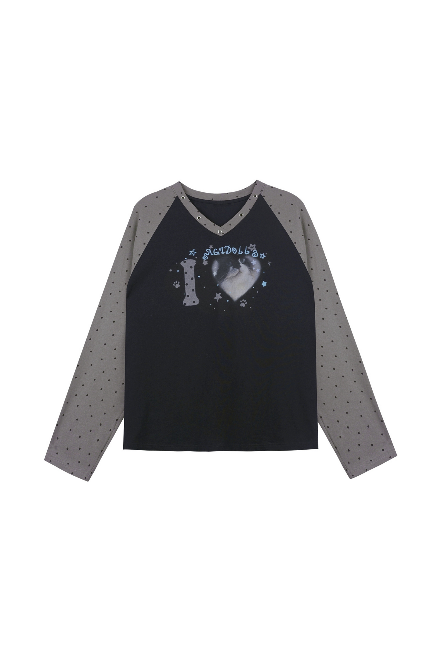 キャットプリントダークラグランロングスリーブトップス