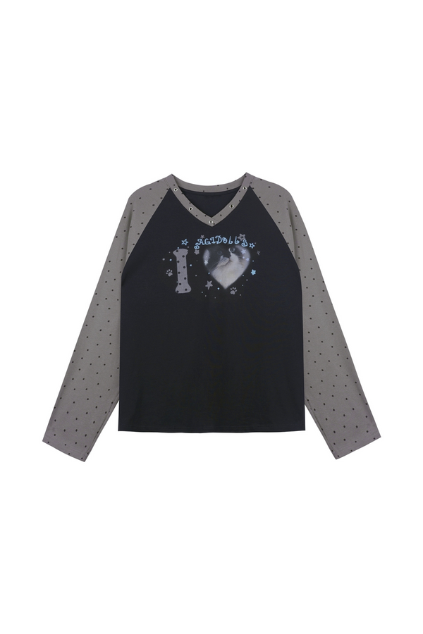 キャットプリントダークラグランロングスリーブトップス