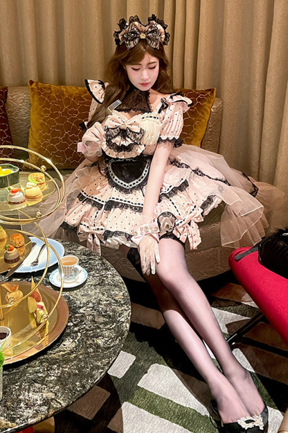 スイートリトルドットメイドロリータドレス+エプロン+ヘッドアクセサリー+ベール