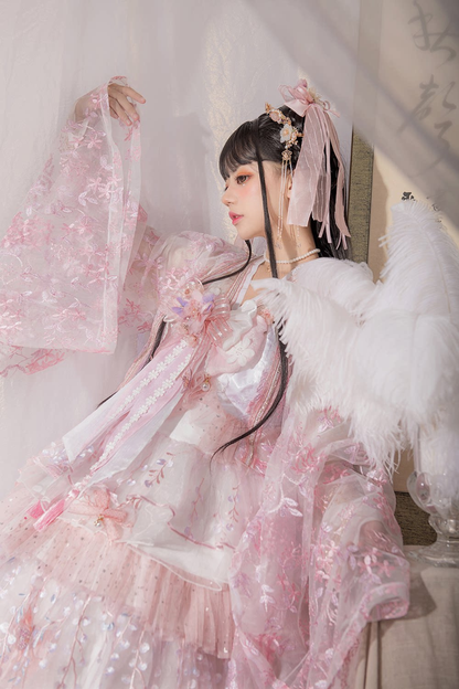 사쿠라 스위트 차이나 로리타 셔츠 + 목걸이 + 리본 + 베일 + 클립