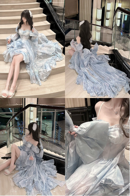 [Pre-order product] Snow Blue Sparkling Series Long Tail Bustier Dress + Back Ribbon