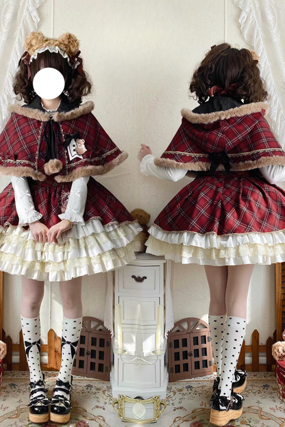 [Pre-order item] Check Lolita JSK + Hooded Cloak + Knit + Bear Catsuit