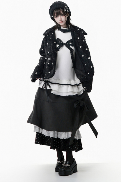 ポルカドットウィンターフリースジャケット+ベスト+トップス+スカートスカーフ